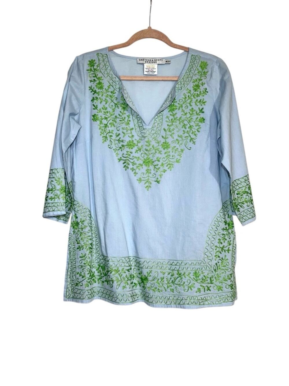 Gretchen Scott Designs 3/4 Sleeve Sky Blue Green Embroidered Tunic MEDIUM